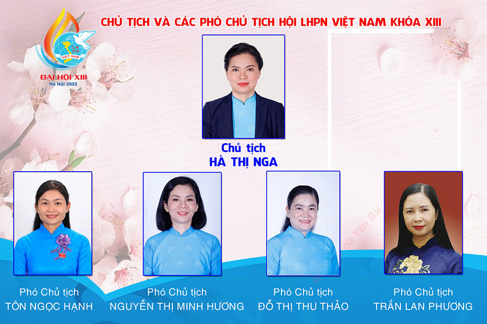 Ch&acirc;n dung Chủ tịch v&agrave; 4 Ph&oacute; Chủ tịch Hội LHPN Việt Nam kh&oacute;a XIII.&nbsp;