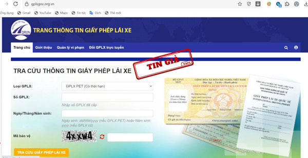 Giao diện website&nbsp;gplxgov.org.vn, 1 trong 3 trang web giả mạo