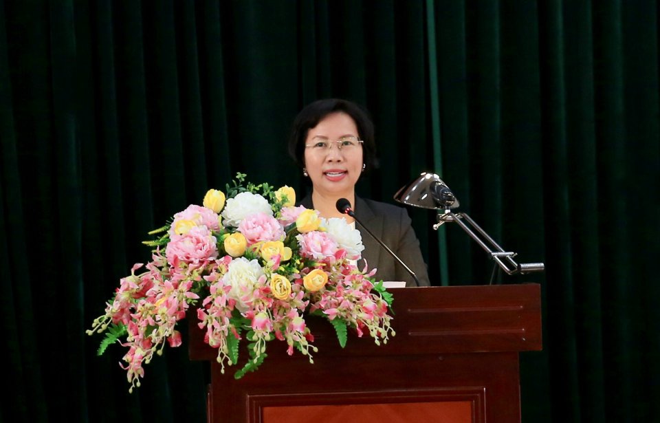 Trưởng Ban Tuyên giáo Thành ủy Hà Nội Bùi Huyền Mai phát biểu tại Hội nghị phát động.