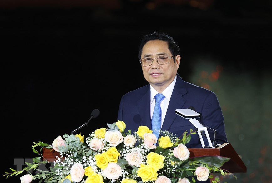 Thủ tướng Phạm Minh Ch&iacute;nh ph&aacute;t biểu tại Lễ khai mạc Năm du lịch quốc gia năm 2022. (Ảnh: Dương Giang/TTXVN)