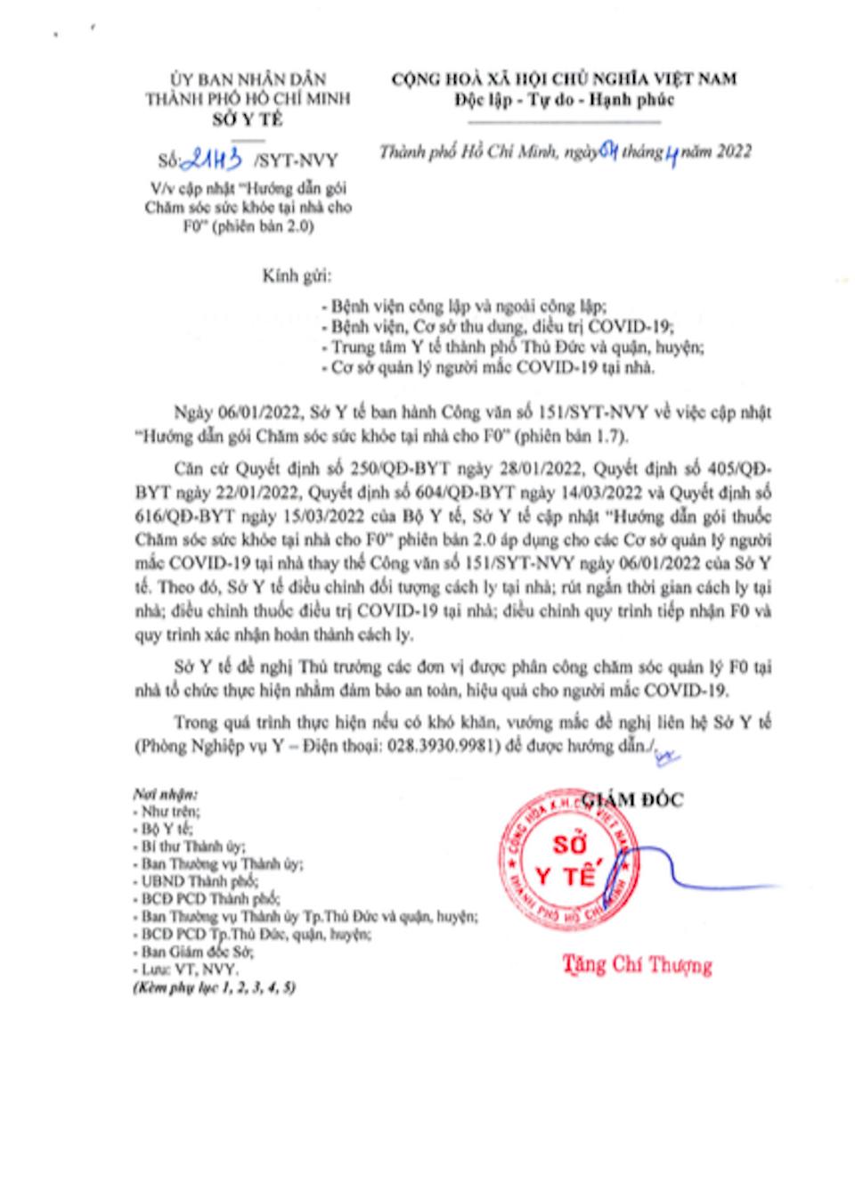 Văn bản hướng dẫn của Sở Y tế TP Hồ Ch&iacute; Minh, ng&agrave;y 4/4/2022.