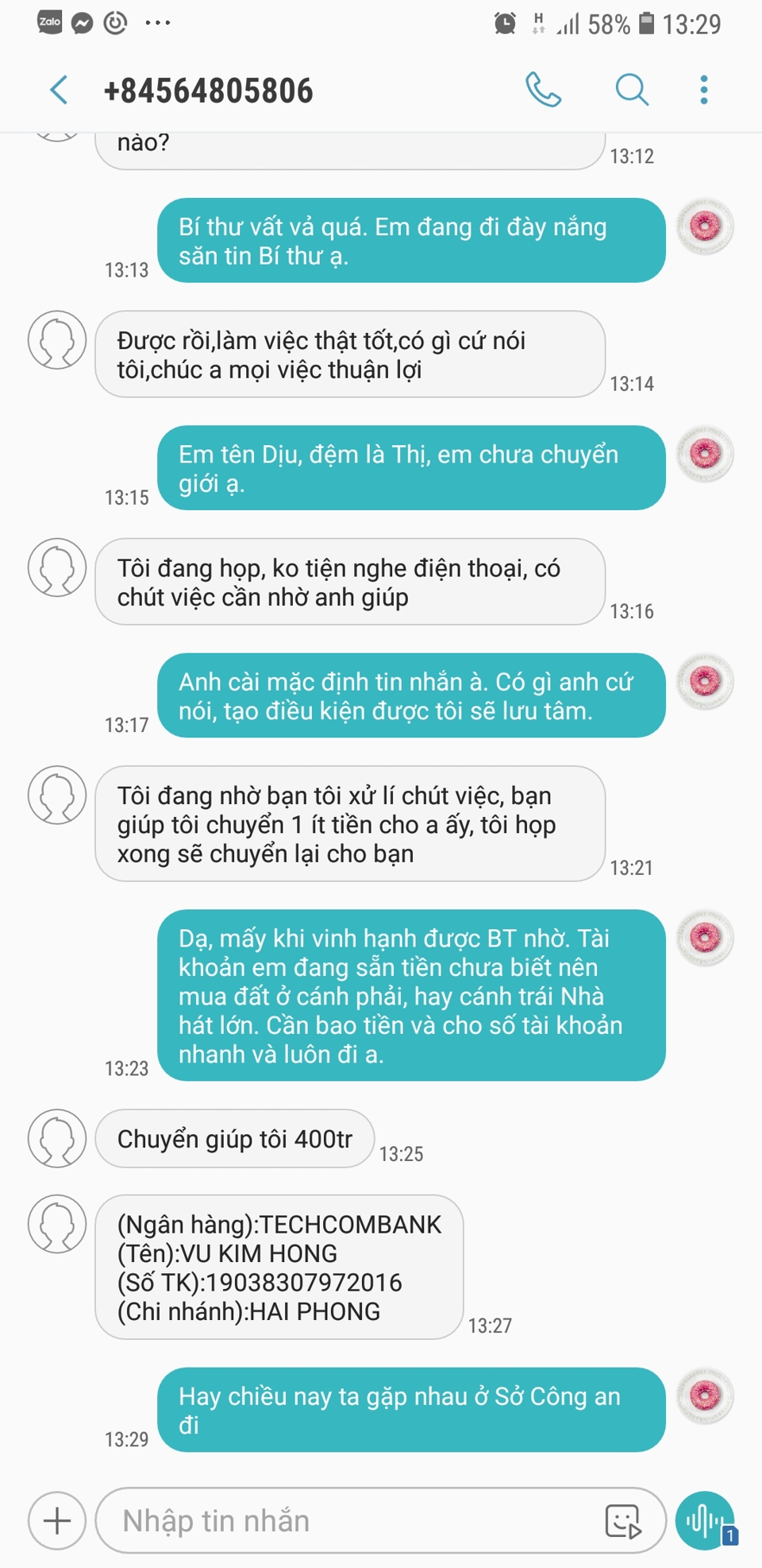 Tin nhắn mạo danh B&iacute; thư Th&agrave;nh uỷ Hải Ph&ograve;ng "nhờ vay tiền".