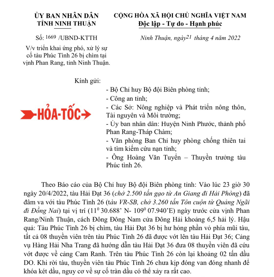 UBND tỉnh Ninh Thuận ban h&agrave;nh văn bản "Hỏa tốc" chỉ đạo khắc phục sự cố hai t&agrave;u đ&acirc;m nhau.