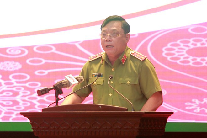 Trung tướng Nguyễn Hải Trung, Gi&aacute;m đốc C&ocirc;ng an TP H&agrave; Nội ph&aacute;t biểu tại Lễ ra qu&acirc;n.