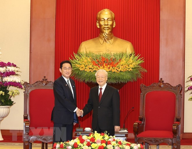 Tổng B&iacute; thư Nguyễn Ph&uacute; Trọng tiếp Thủ tướng Nhật Bản Kishida Fumio sang thăm ch&iacute;nh thức Việt Nam. Ảnh: TTXVN