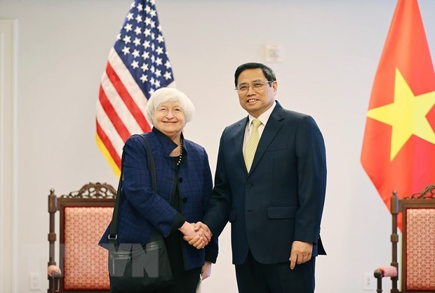 Thủ tướng Phạm Minh Ch&iacute;nh tiếp b&agrave; Janet Yellen, Bộ trưởng T&agrave;i ch&iacute;nh Hoa Kỳ. Ảnh: TTXVN