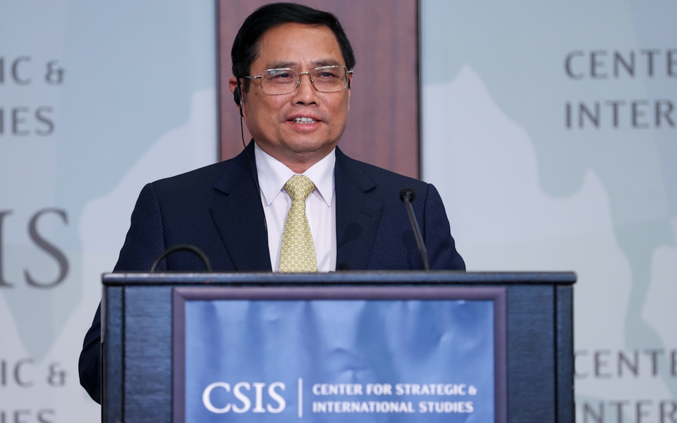 Thủ tướng Phạm Minh Chính phát biểu tạiTrung tâm Nghiên cứu Chiến lược và Quốc tế Mỹ (CSIS), ngày 11/5 (giờ địa phương). Ảnh:Nhật Bắc