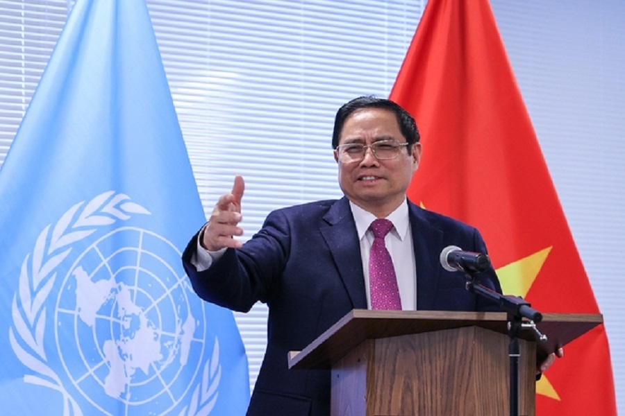 Thủ tướng Phạm Minh Chính phát biểu tại buổi làm việc với các cơ quan đại diệnViệtNam tạiNewYork. Ảnh:Nhật Bắc