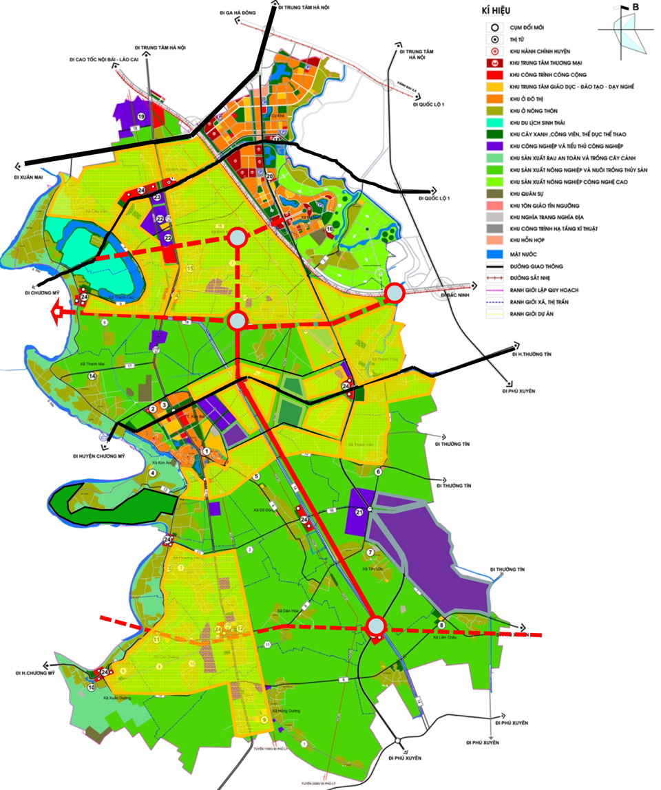 Bản đồ cơ cấu phân vùng quy hoạch xây dựng vùng huyện Thanh Oai, đến năm 2030, tầm nhìn đến năm 2050.