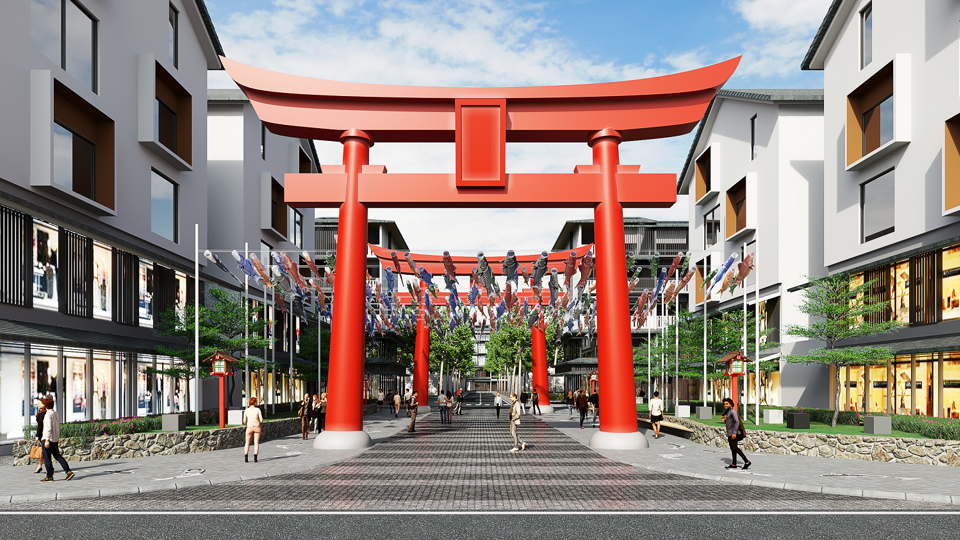 Biểu tượng cổng Torii, con đường cờ c&aacute; ch&eacute;p&hellip; tại ph&acirc;n khu Koto. Ảnh phối cảnh minh họa