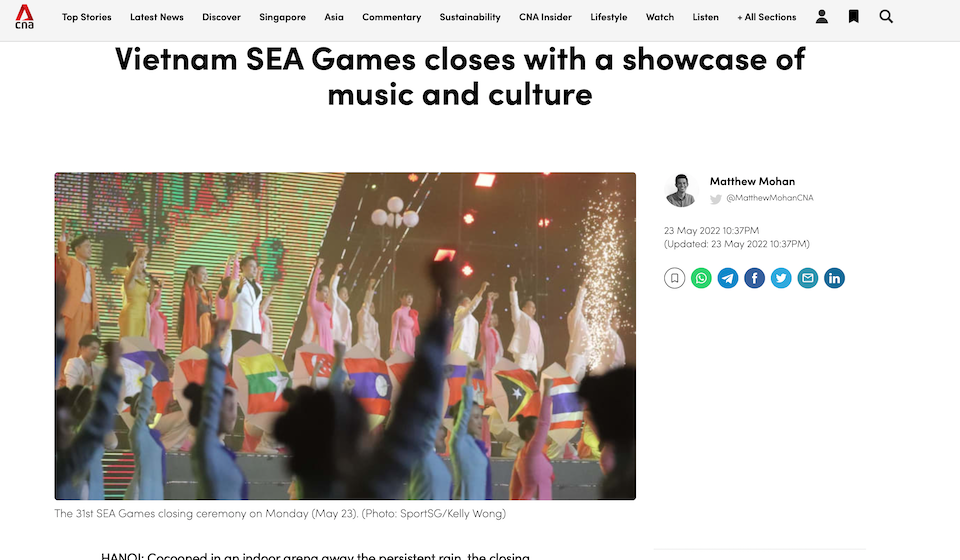 B&agrave;i viết về lễ bế mạc SEA Games tr&ecirc;n k&ecirc;nh tin tức&nbsp;Channel News Asia. Ảnh chụp m&agrave;n h&igrave;nh.
