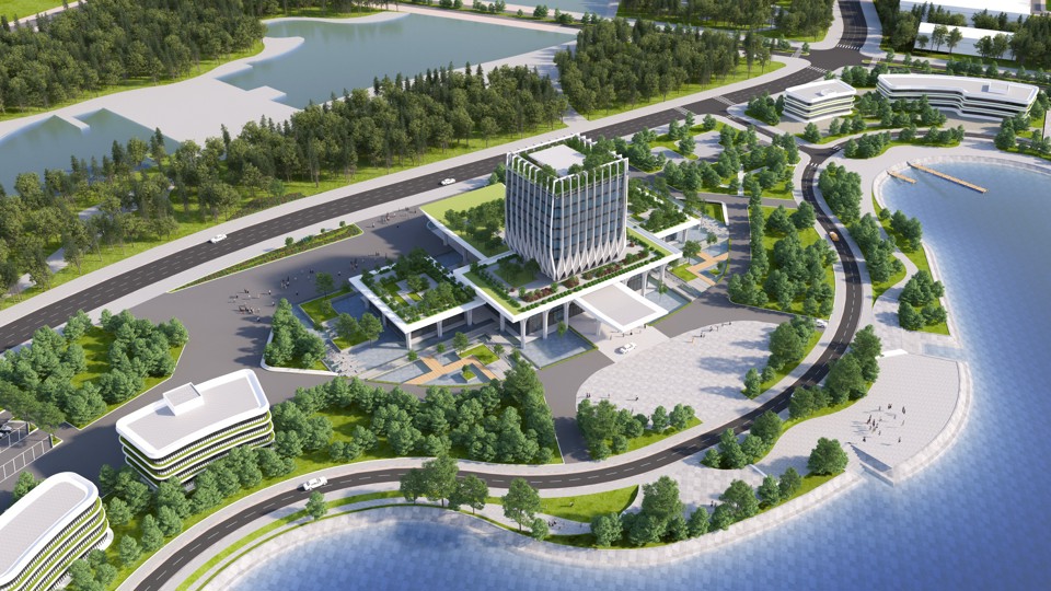 Phối cảnh Nhà điều hành ĐHQGHN và các công trình phụ trợ tại Khu trung tâm ở Hòa Lạc dự kiến hoàn thành vào năm 2024 - 2025