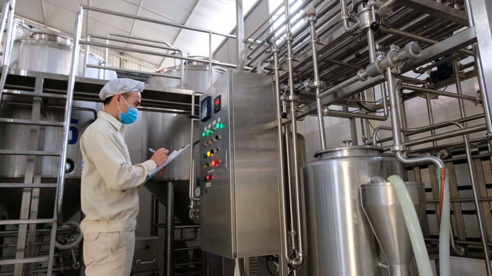 Giám sát hệ thống sản xuất tại Hợp tác xã Chế biến sữa bò Phù Đổng (huyện Gia Lâm). Ảnh: Lâm Nguyễn