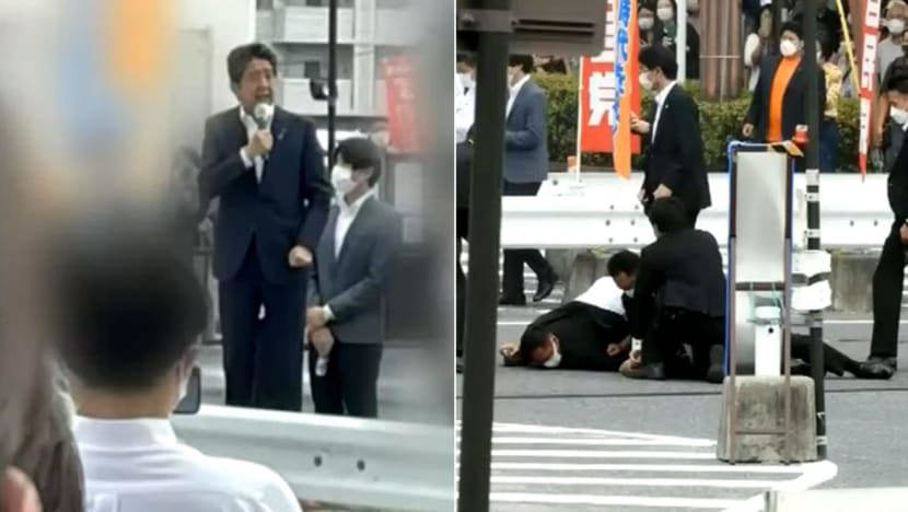 H&igrave;nh ảnh chụp cựu thủ tướng Nhật Bản Shinzo Abe đang c&oacute; b&agrave;i ph&aacute;t biểu ở Nara v&agrave; quang cảnh hiện trường sau khi &ocirc;ng bị bắn hom 8/7.&nbsp; Ảnh: NHK