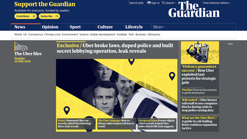 Trang chủ tờ The Guardian (Anh) hiển thị những tiết lộ đầu ti&ecirc;n về "Hồ sơ Uber", h&ocirc;m 10/7.