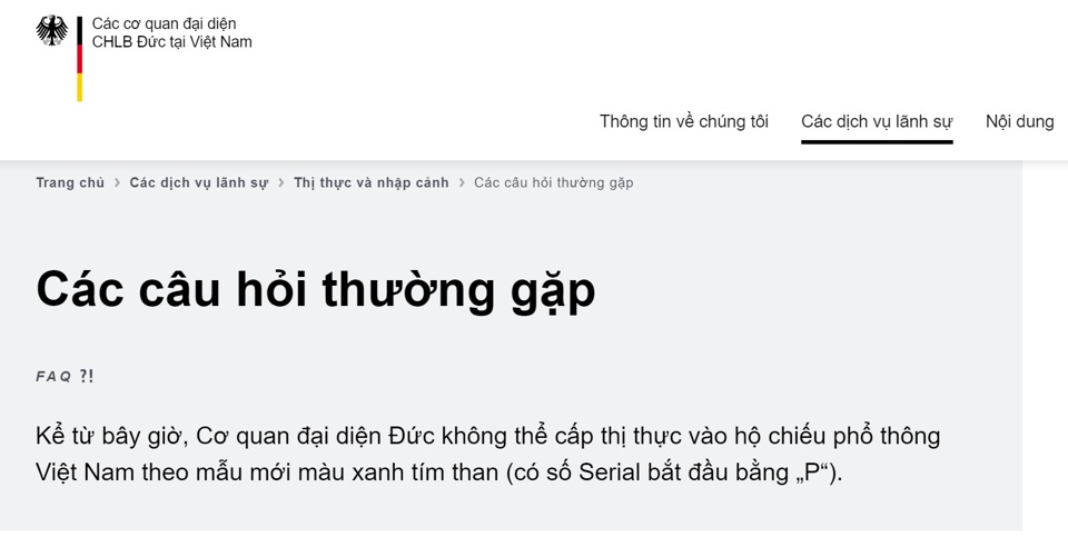 Th&ocirc;ng tin về việc Đức tạm ngừng cấp visa cho hộ chiếu mẫu mới của Việt Nam đăng tải tr&ecirc;n website của Đại sứ qu&aacute;n Đức. Ảnh chụp m&agrave;n h&igrave;nh