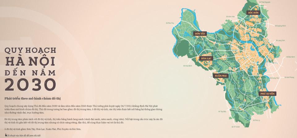 Sơ đồ các đô thị vệ tinh trong Quy hoạch xây dựng Thủ đô Hà Nội đến năm 2030, tầm nhìn đến năm 2050.