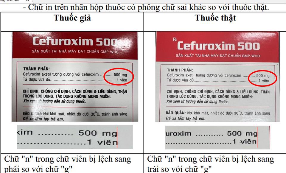 Th&ocirc;ng tin tr&ecirc;n nh&atilde;n thuốc Cefuroxim 500: Chữ in tr&ecirc;n nh&atilde;n hộp thuốc c&oacute; ph&ocirc;ng chữ sai kh&aacute;c so với thuốc thật.
