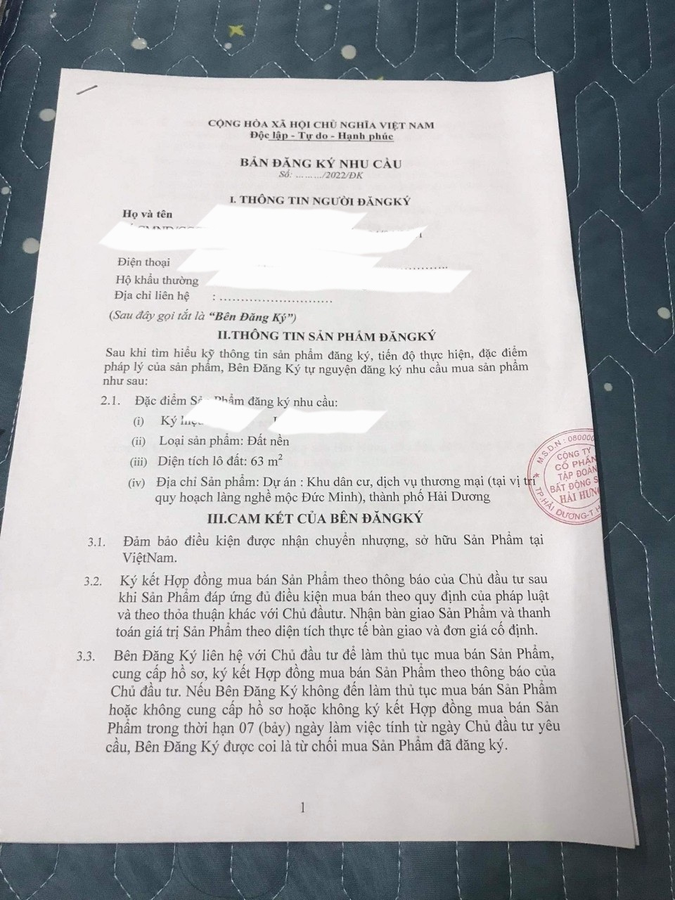 Bản đăng k&yacute; nhu cầu cho người mua lần đầu được chủ đầu tư cấp. Ảnh: Vĩnh Qu&acirc;n