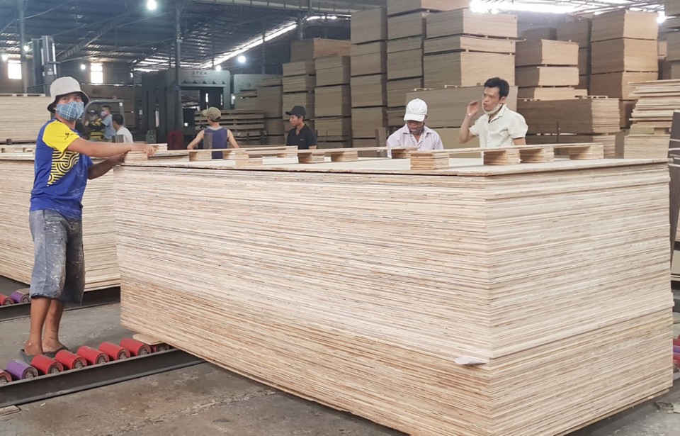 Sản xuất h&agrave;ng gỗ d&aacute;n của một doanh nghiệp Việt Nam. Ảnh: Trần Dũng