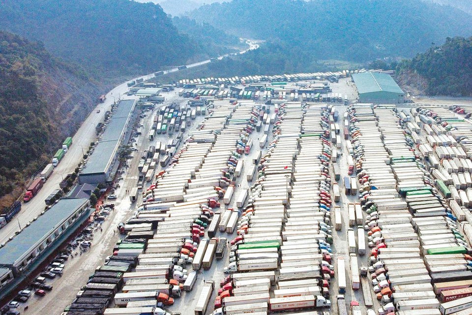 Xe container h&agrave;ng h&oacute;a n&ocirc;ng thủy sản chờ xuất khẩu sang Trung Quốc Ảnh: Đ.T