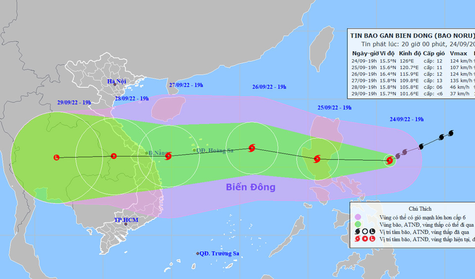 Đường đi v&agrave; vị tr&iacute; b&atilde;o Noru. Ảnh:&nbsp;Nchmf.gov.vn