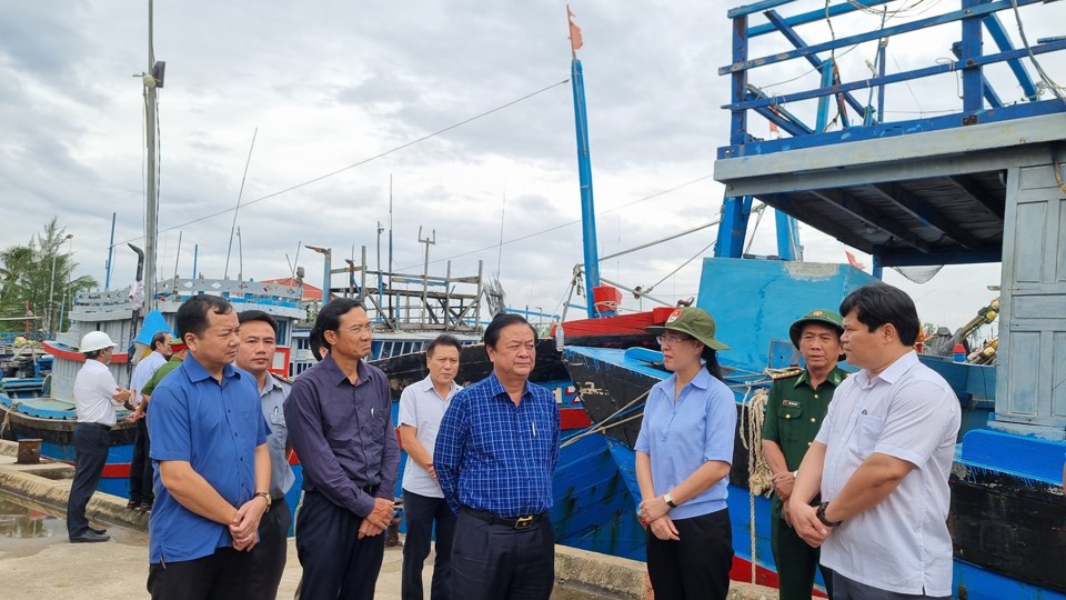 Bộ trưởng L&ecirc; Minh Hoan (&aacute;o xanh, giữa) l&agrave;m việc với tỉnh Quảng Ng&atilde;i.