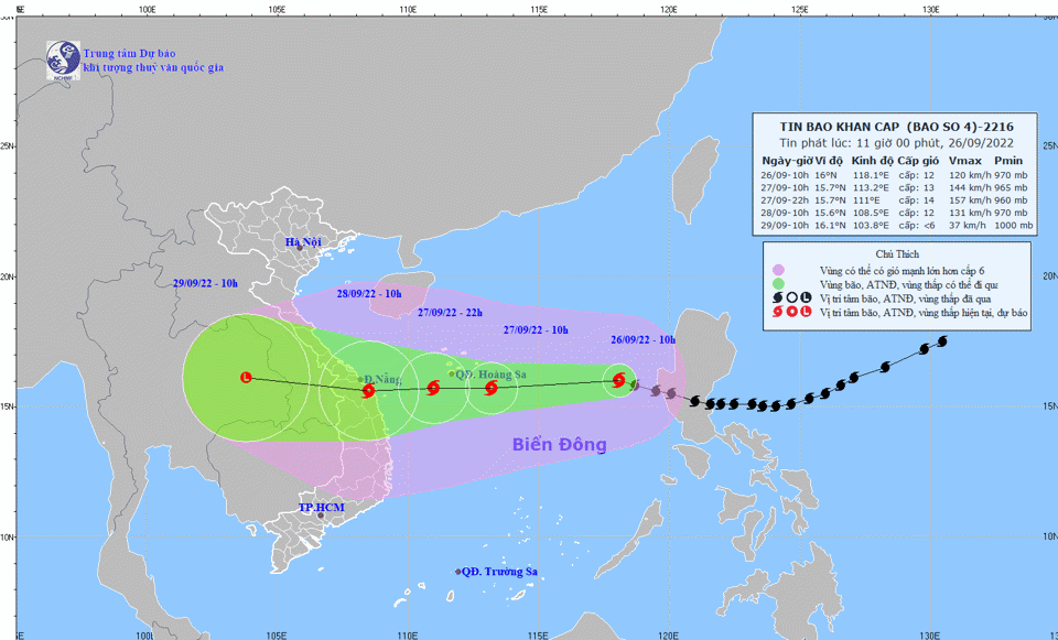 Hướng đi của cơn b&atilde;o số 4. Ảnh: nchmf.gov.vn