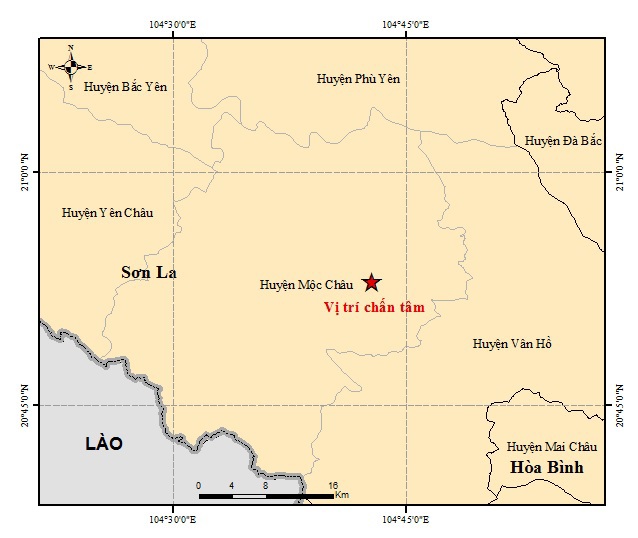 Bản đồ t&acirc;m chấn của trận động đất xảy ra rạng s&aacute;ng nay ở Mộc Ch&acirc;u. Ảnh: Viện Vật l&yacute; Địa Cầu.