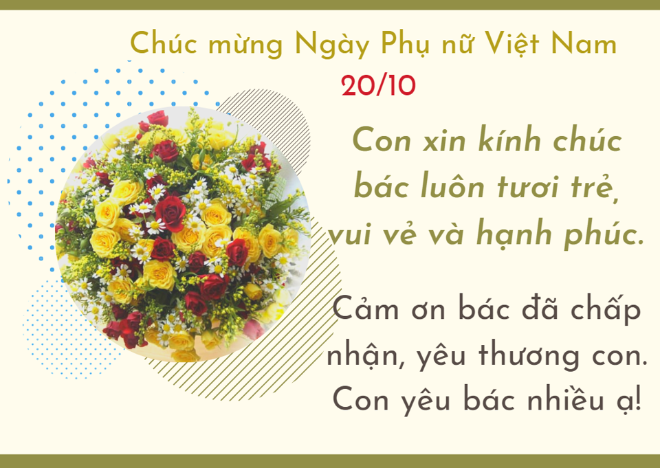 Ngày Phụ nữ Việt Nam là ngày đặc biệt dành riêng cho chị em phụ nữ trong cuộc sống. Chúc mừng ngày Phụ nữ Việt Nam! Chúc cho các chị em luôn khỏe mạnh, hạnh phúc và thành đạt trong mọi lĩnh vực.