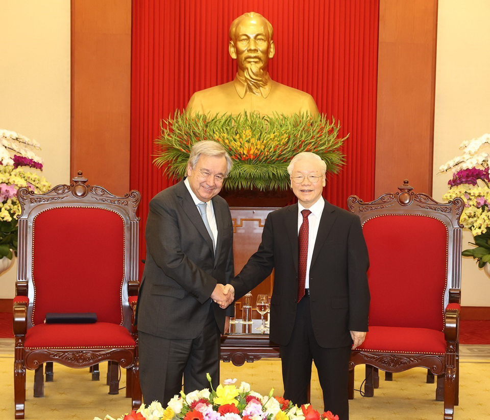 Tổng Bí thư Nguyễn Phú Trọng và Tổng Thư ký Liên Hợp quốc António Guterres. Ảnh: Trí Dũng