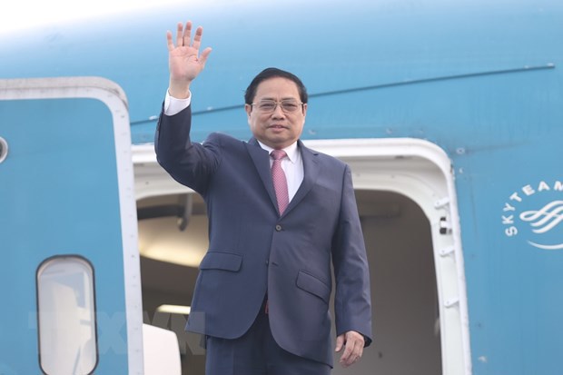 Thủ tướng Phạm Minh Ch&iacute;nh rời H&agrave; Nội sang thăm ch&iacute;nh thức Vương quốc Campuchia. (Ảnh: Dương Giang/TTXVN)