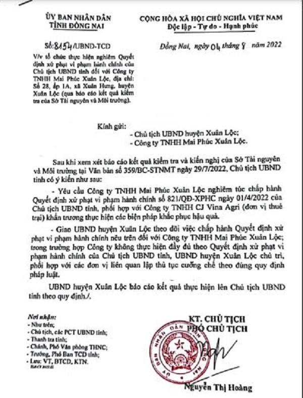 Văn bản của UBND tỉnh Đồng Nai về việc xử phạt.