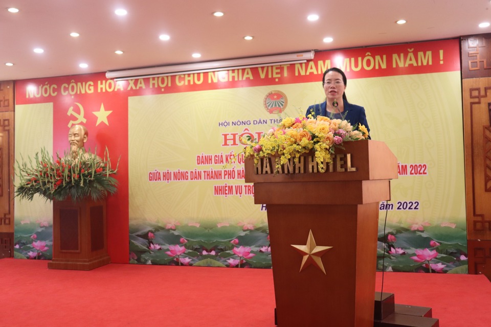 Chủ tịch Hội N&ocirc;ng d&acirc;n TP H&agrave; Nội Phạm Hải Hoa ph&aacute;t biểu tại hội nghị.