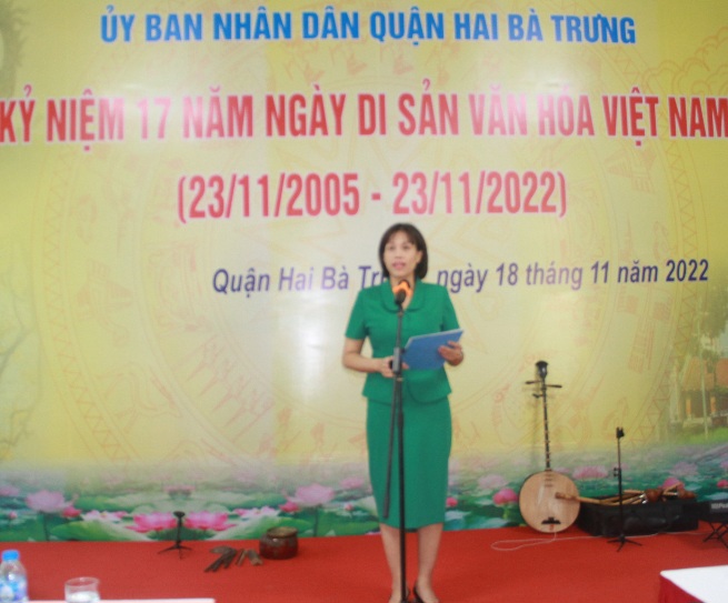 Ph&oacute; Chủ tịch UBND quận Hai B&agrave; Trưng Nguyễn Thị Thu Hiền ph&aacute;t biểu tại Lễ kỷ niệm