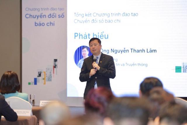 Thứ trưởng Th&ocirc;ng tin v&agrave; Truyền th&ocirc;ng Nguyễn Thanh L&acirc;m ph&aacute;t biểu tại Lễ tổng kết Chương tr&igrave;nh đ&agrave;o tạo Chuyển đổi số b&aacute;o ch&iacute;.