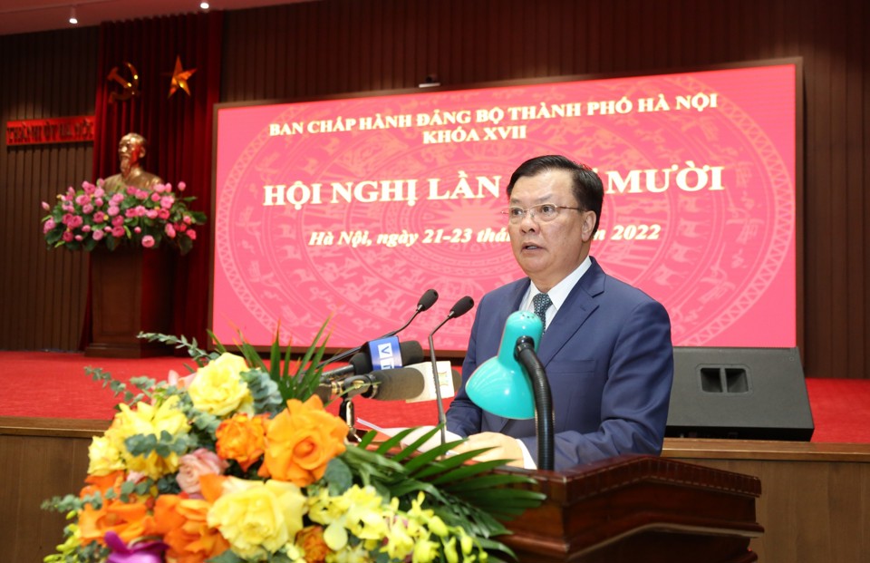 Bí thư Thành ủy Hà Nội Đinh Tiến Dũng phát biểu kết luận Hội nghị. Ảnh: Thanh Hải