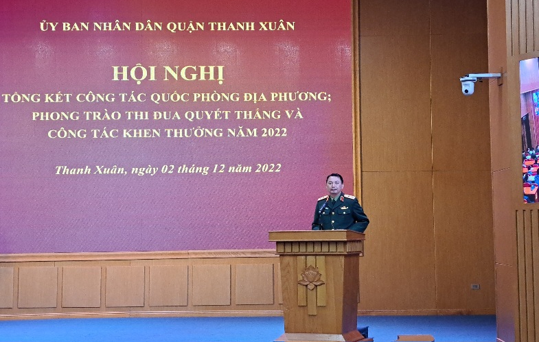 Trung tướng Nguyễn Quốc Duyệt - Tư lệnh Bộ Tư lệnh Thủ đ&ocirc; H&agrave; Nội ph&aacute;t biểu
