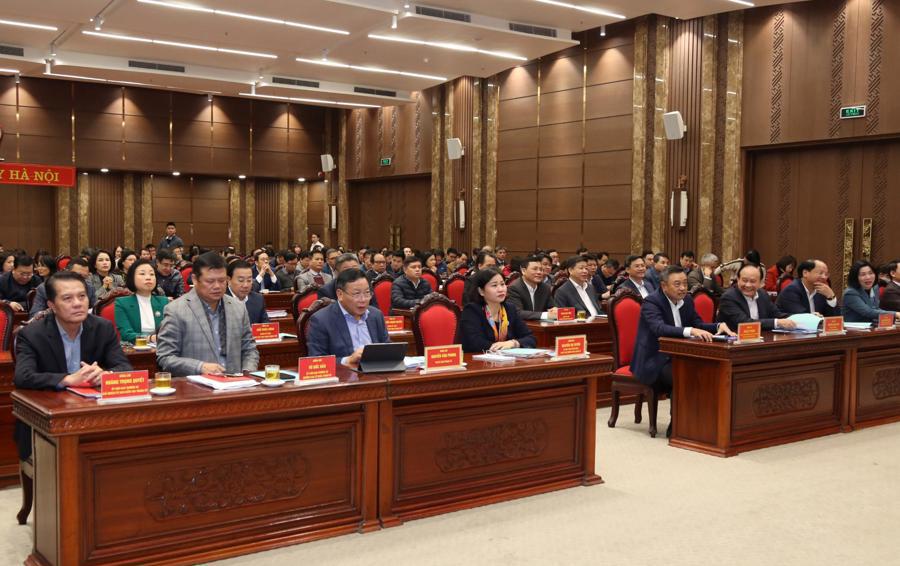Các đại biểu TP Hà Nội dự Hội nghị tại điểm cầu Thành ủy Hà Nội. Ảnh: Thanh Hải