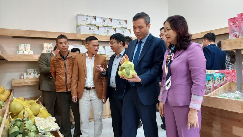 Phó Chủ tịch UBND huyện Hoài Đức Nguyễn Trung Thuận giới thiệu sản phẩm với lãnh đạo Sở Công Thương Hà Nội.