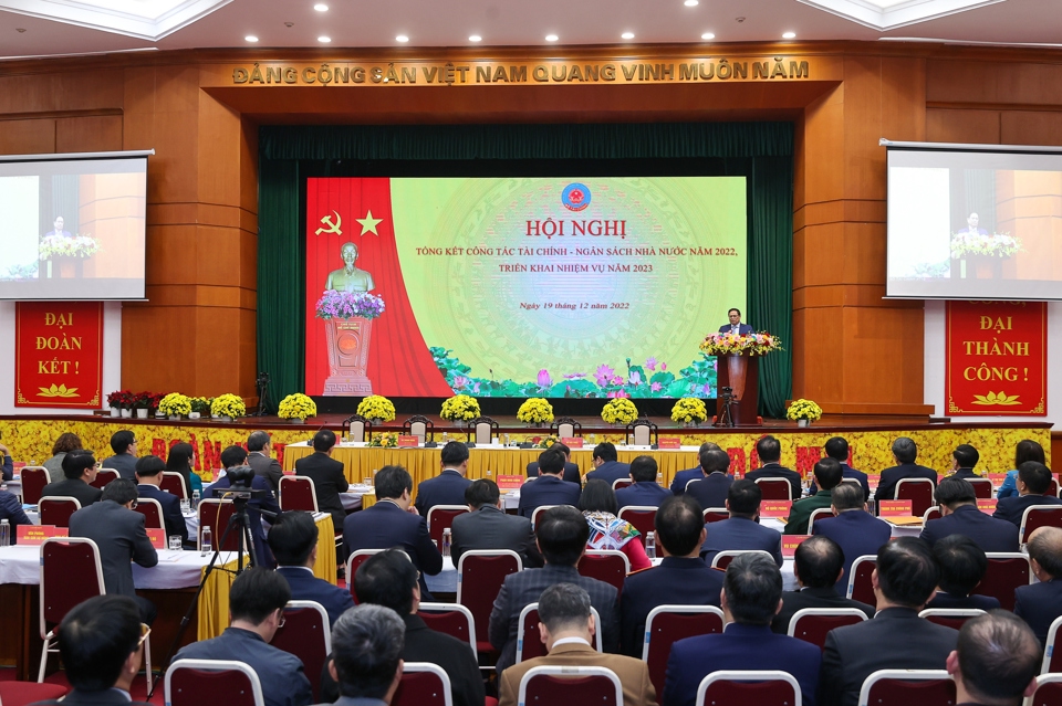 Thủ tướng Phạm Minh Ch&iacute;nh dự Hội nghị tổng kết năm năm 2022, triển khai kế hoạch năm 2023 của ng&agrave;nh t&agrave;i ch&iacute;nh - Ảnh: VGP/Nhật Bắc