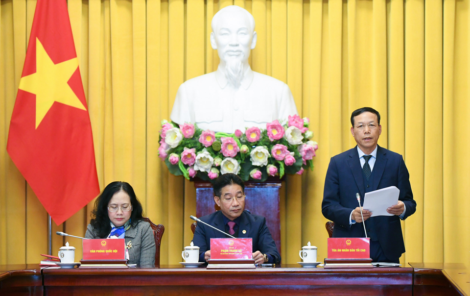 Ph&oacute; Ch&aacute;nh &aacute;n Thường trực T&ograve;a &aacute;n nh&acirc;n d&acirc;n tối cao Nguyễn Tr&iacute; Tuệ tr&igrave;nh b&agrave;y những nội dung cơ bản của Ph&aacute;p lệnh