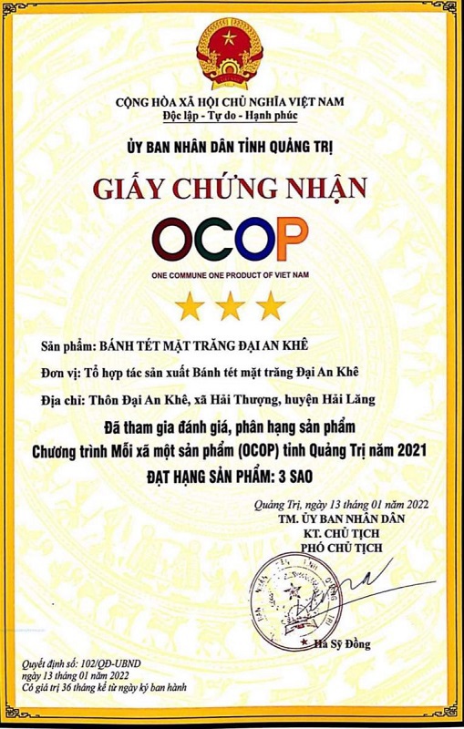 Sản phẩm b&aacute;nh t&eacute;t mặt trăng Đại An Kh&ecirc; đạt chứng nhận OCOP 3 sao cấp tỉnh Quảng Trị.