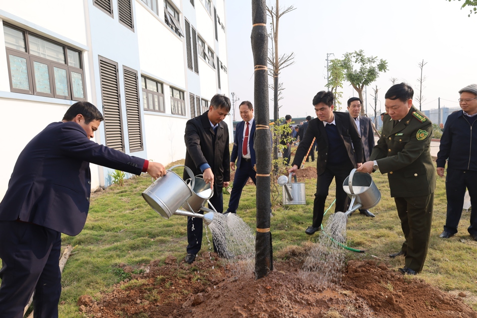 L&atilde;nh đạo huyện Mỹ Đức v&agrave; đại diện Sở NN&amp;PTNT H&agrave; Nội trồng c&acirc;y tại khu&ocirc;n vi&ecirc;n trường Tiểu học v&agrave; Trung học cơ sở huyện Mỹ Đức.