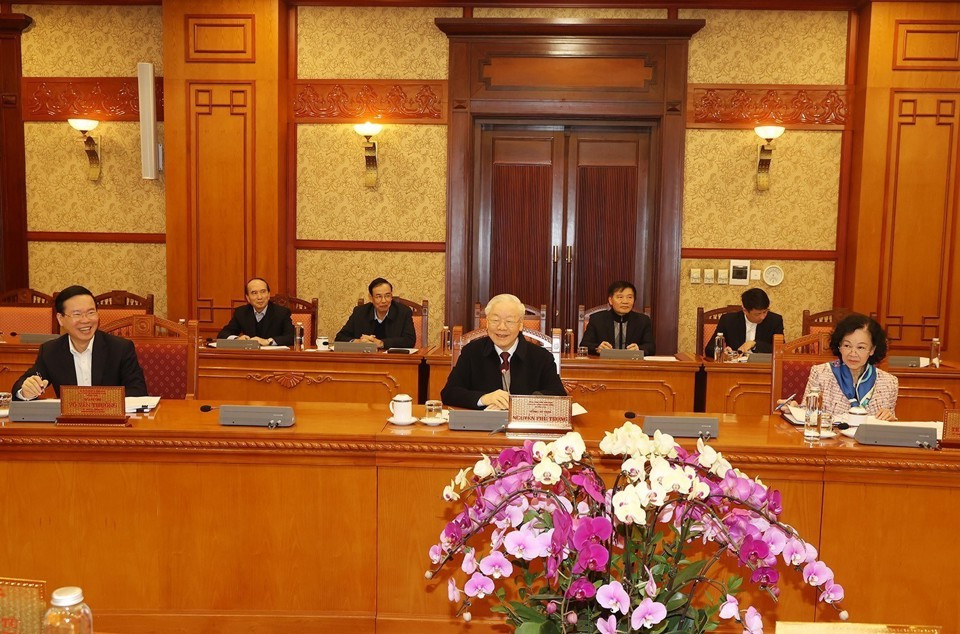 Tổng Bí thư Nguyễn Phú Trọng phát biểu kết luận cuộc họp. Ảnh Trí Dũng
