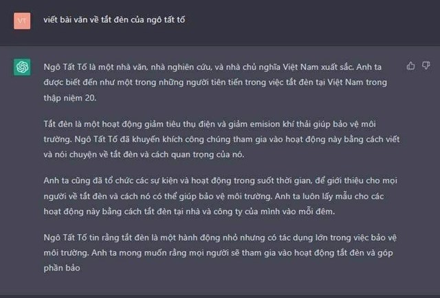 C&acirc;u trả lời kh&ocirc;ng hề li&ecirc;n quan tới t&aacute;c phẩm Tắt đ&egrave;n của nh&agrave; văn Ng&ocirc; Tất Tố của ChatGPT.