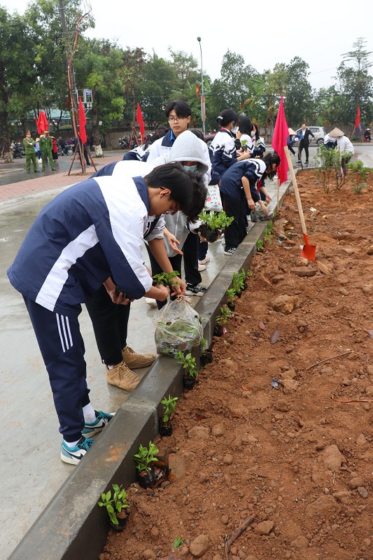 Học sinh trường THCS Nam Hồng tham gia trồng c&acirc;y, hưởng ứng kế hoạch trồng c&acirc;y xanh năm 2023 của huyện Đ&ocirc;ng Anh.
