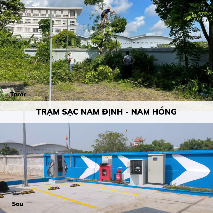Sự thay đổi r&otilde; rệt trước v&agrave; sau khi VinFast x&acirc;y dựng trạm sạc ở x&atilde; Nam Hồng (huyện Nam Trực, tỉnh Nam Định).