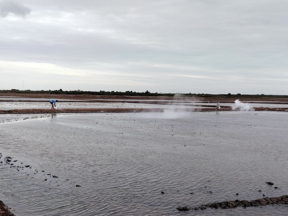 Cải tạo lại ruộng muối sau cơn mưa Tết 2023.