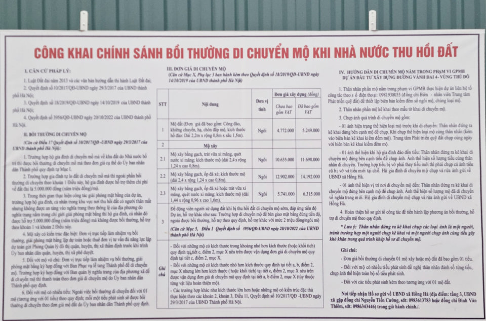 Bảng c&ocirc;ng khai ch&iacute;nh s&aacute;ch bồi thường di chuyển mộ khi thu hồi đất phục vụ dự &aacute;n V&agrave;nh đai 4 tại x&atilde; Hồng H&agrave;.